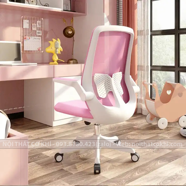 Ghế Văn Phòng Chân Xoay Lưới AON Màu Hồng Trắng