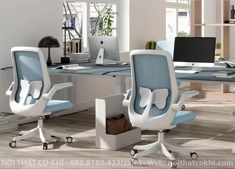 Ghế Văn Phòng Chân Xoay Lưới AON Màu Trắng Xanh