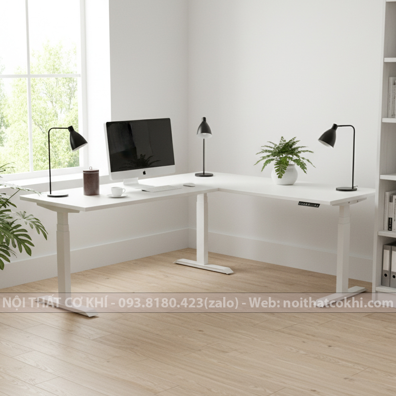 Bàn Nâng Hạ Thông Minh Chữ L Màu Trắng 3 Động Cơ
