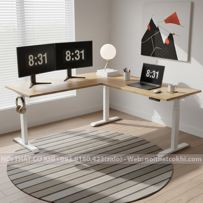 Bàn Nâng Hạ Thông Minh Chữ L Chân Trắng Mặt Vân Gỗ Vàng