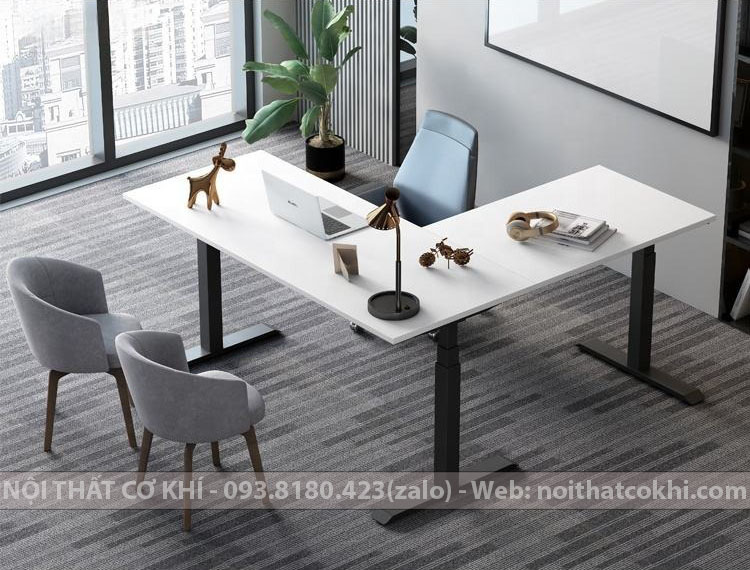 Bàn Nâng Hạ Chữ L Thông Minh Chân Đen Mặt Trắng