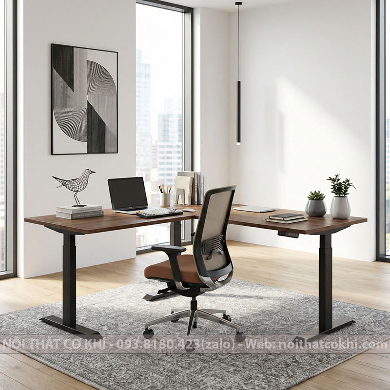 Bàn Nâng Hạ Chữ L Thông Minh Chân Đen Mặt Vân Gỗ Nâu