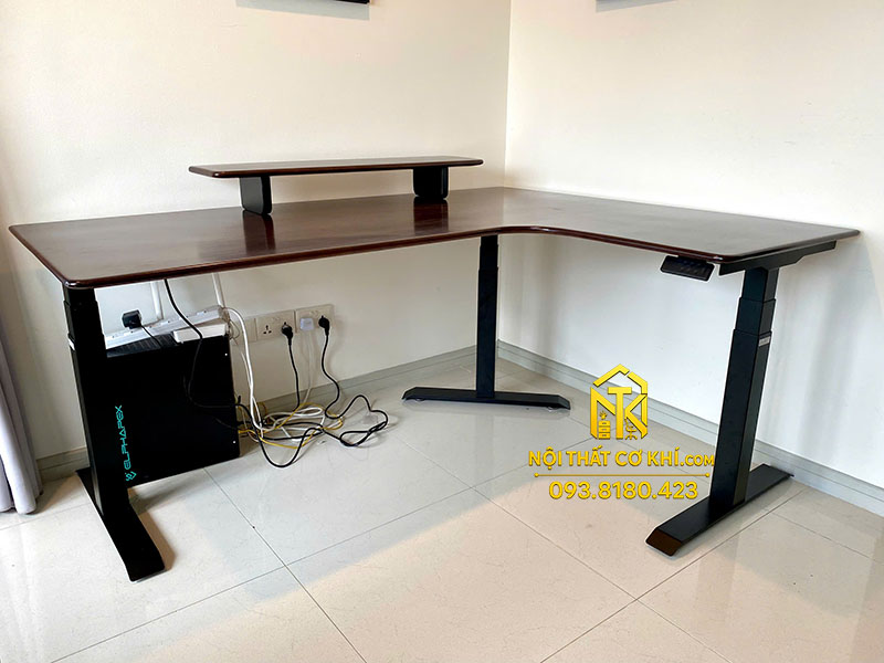 Bàn Làm Việc Nâng Hạ Thông Minh Chữ L Mặt Gỗ Sồi 180x140cm
